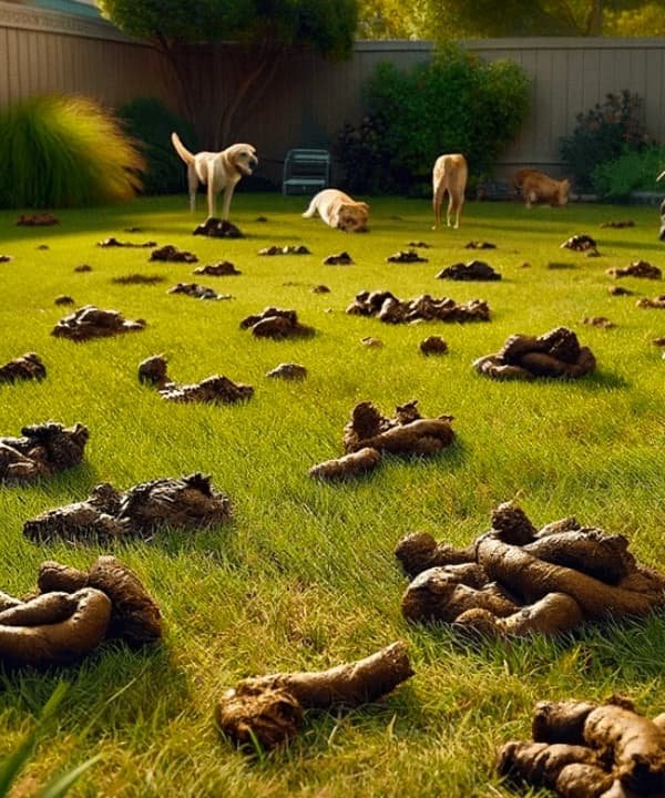 Dogs standing in grass next surrounded by piles of poop